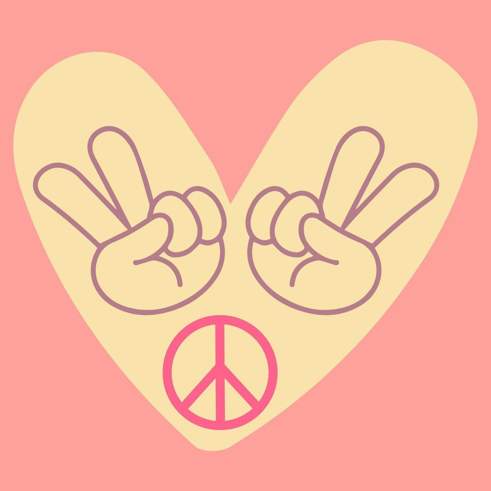 icono, pegatina al estilo hippie con corazón, signo de paz y signo de victoria vector