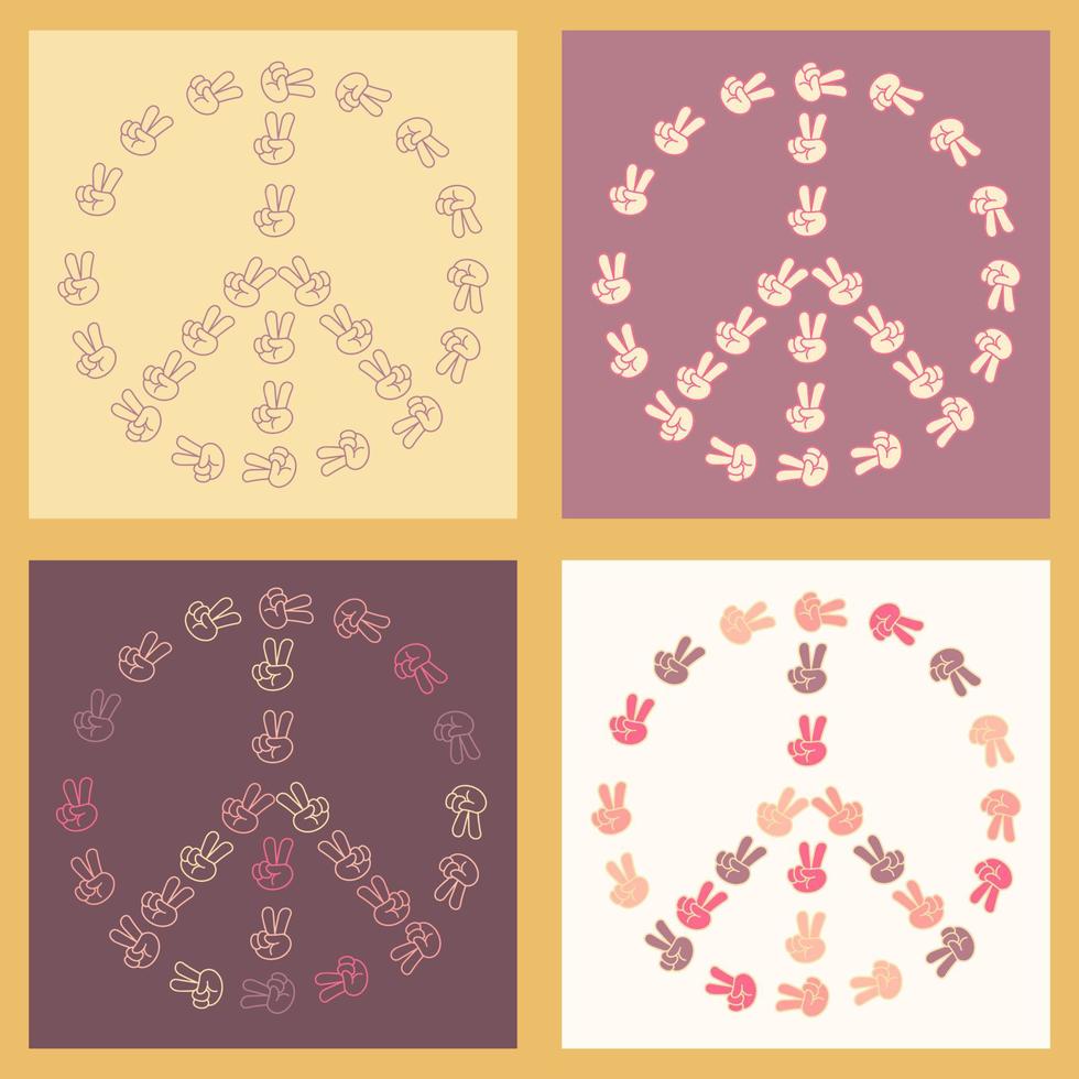 conjunto de icono, pegatina en estilo hippie con signo de paz y signo v sobre fondo beige. estilo retro vector