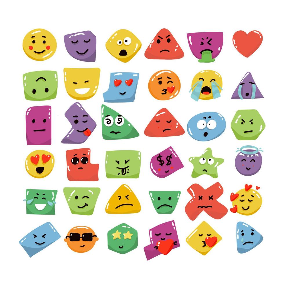 Geometric character shapes with face emotions, different cartoon basic figures. Cute colorful shapes, trendy colors, hand drawn textures, vector illustrations for children education.