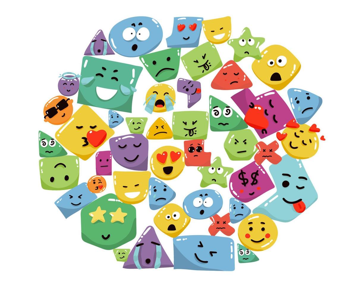 Geometric character shapes with face emotions, different cartoon basic figures. Cute colorful shapes, trendy colors, hand drawn textures, vector illustrations for children education