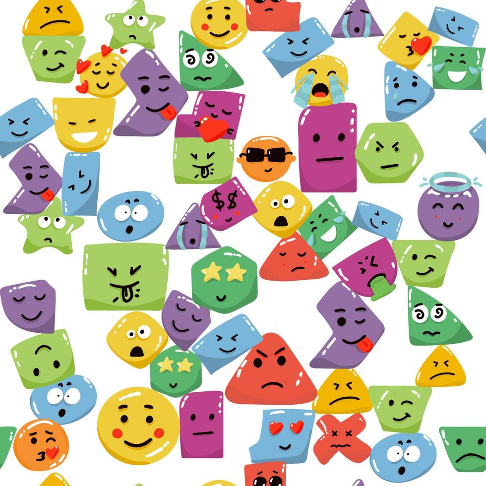 Cute seamless pattern with emoji and abstract geometric shapes in memphis style. Trendy vector background in white, blue, yellow and red colors.