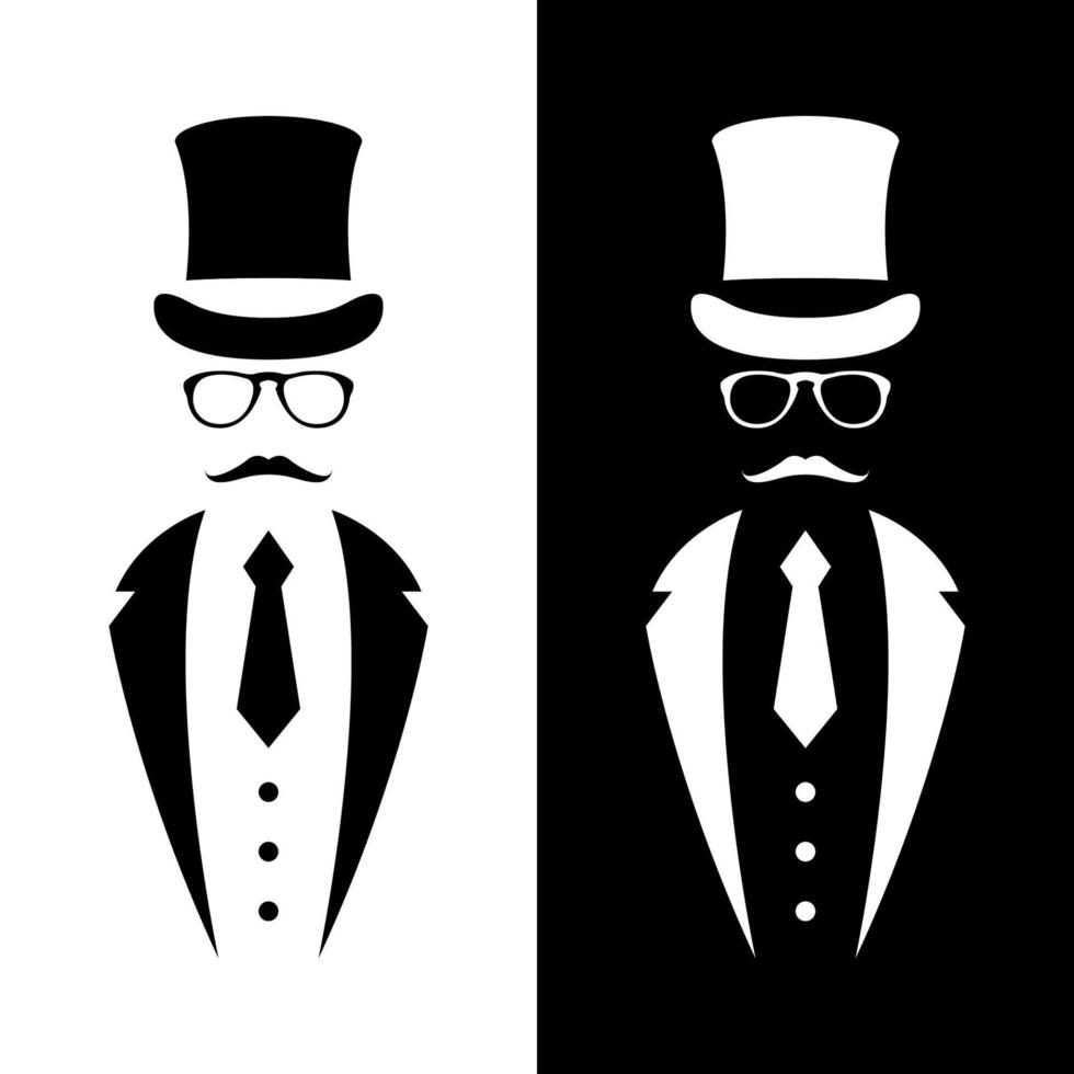 Gentleman wearing suit, retro hat, bow and glasses. Retro Tuxedo emblem. vector