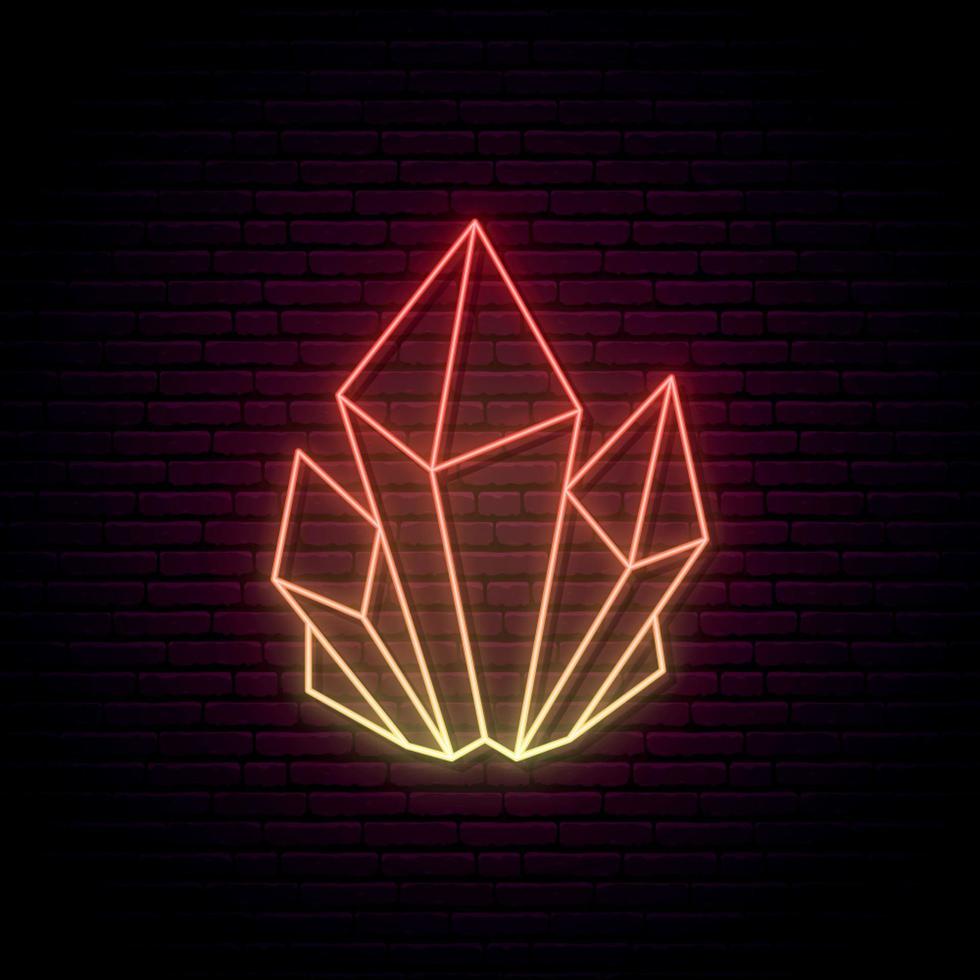 Crystal neon sign. Orange glowing crystal icon. vector