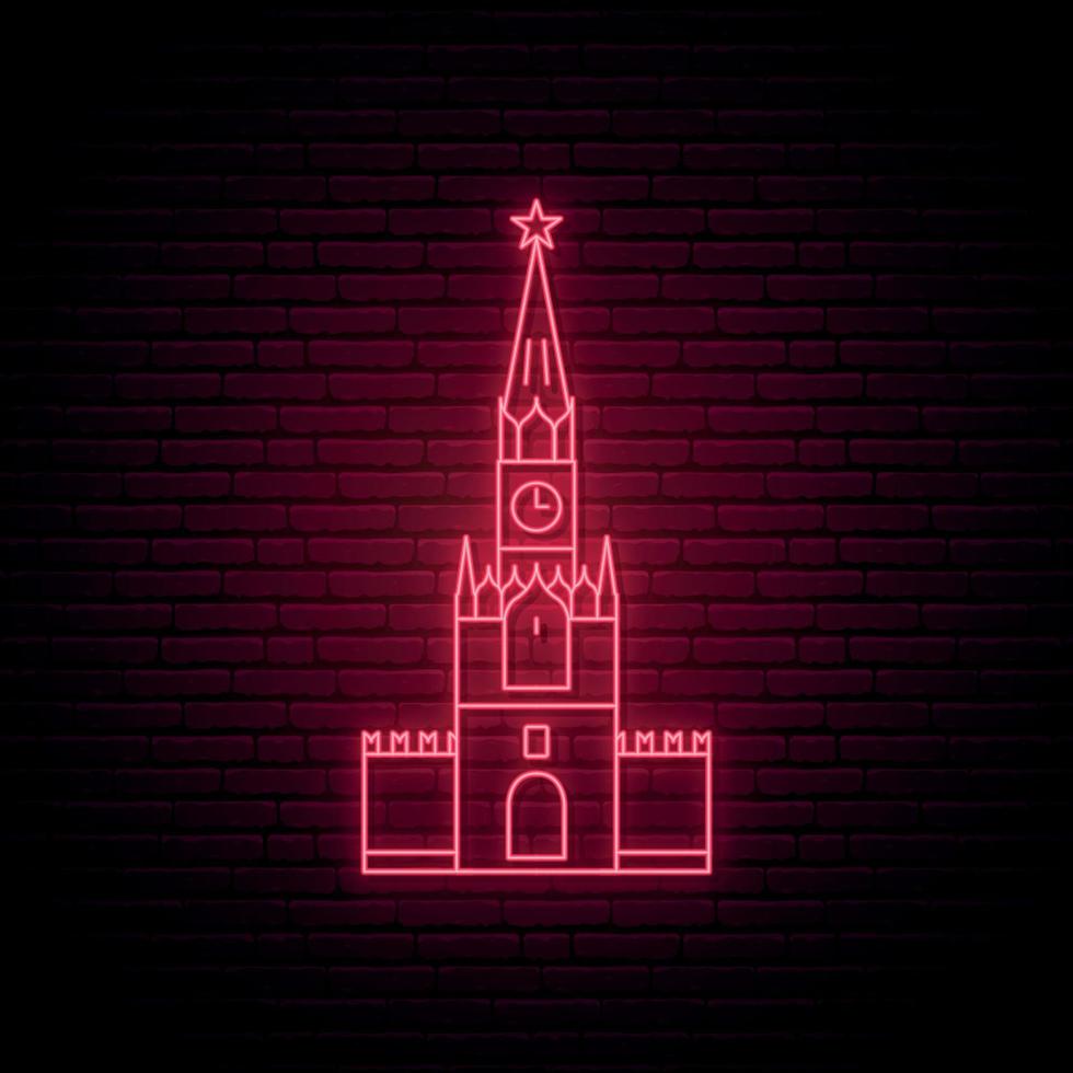 Neon Kremlin Tower sign. Glowing famous russian landmark. vector