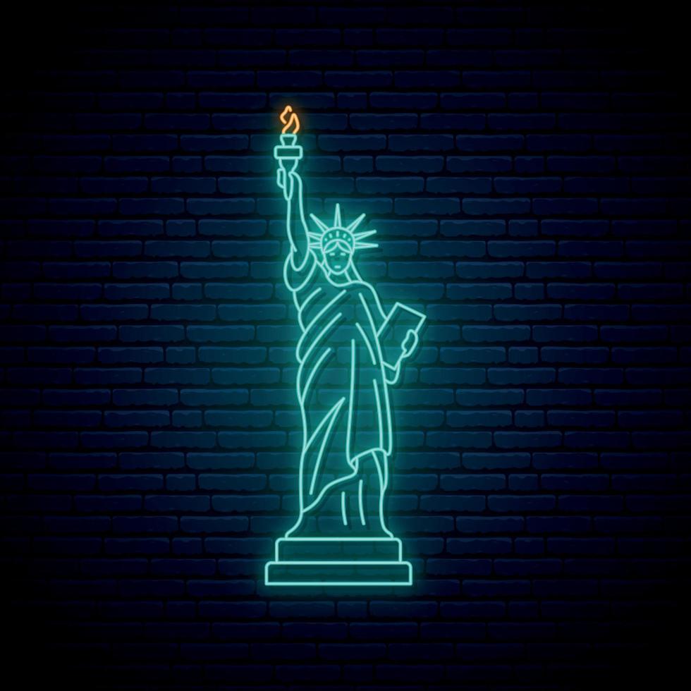 Neon Statue of Liberty, famous New York landmark. Glowing Statue of Liberty icon on brick wall background. Bright light signboard. vector