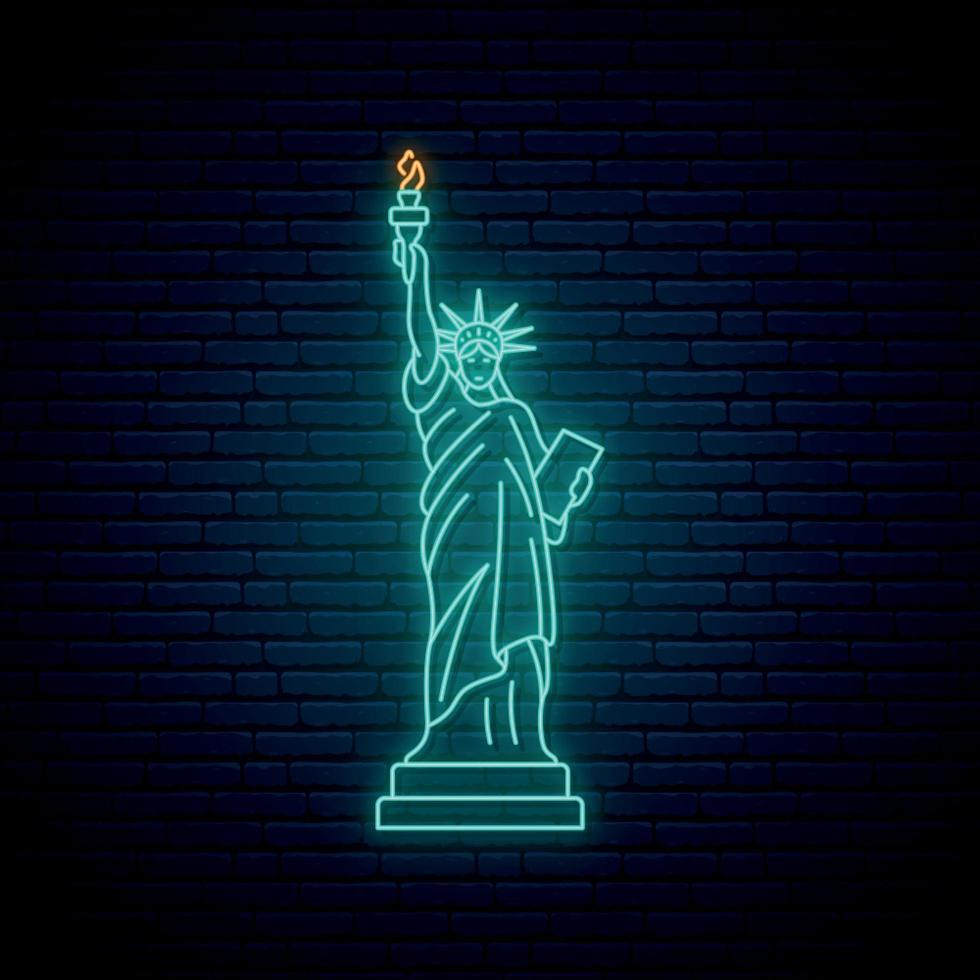 estatua de neón de la libertad, famoso monumento de nueva york. resplandeciente icono de la estatua de la libertad en el fondo de la pared de ladrillo. letrero de luz brillante. vector