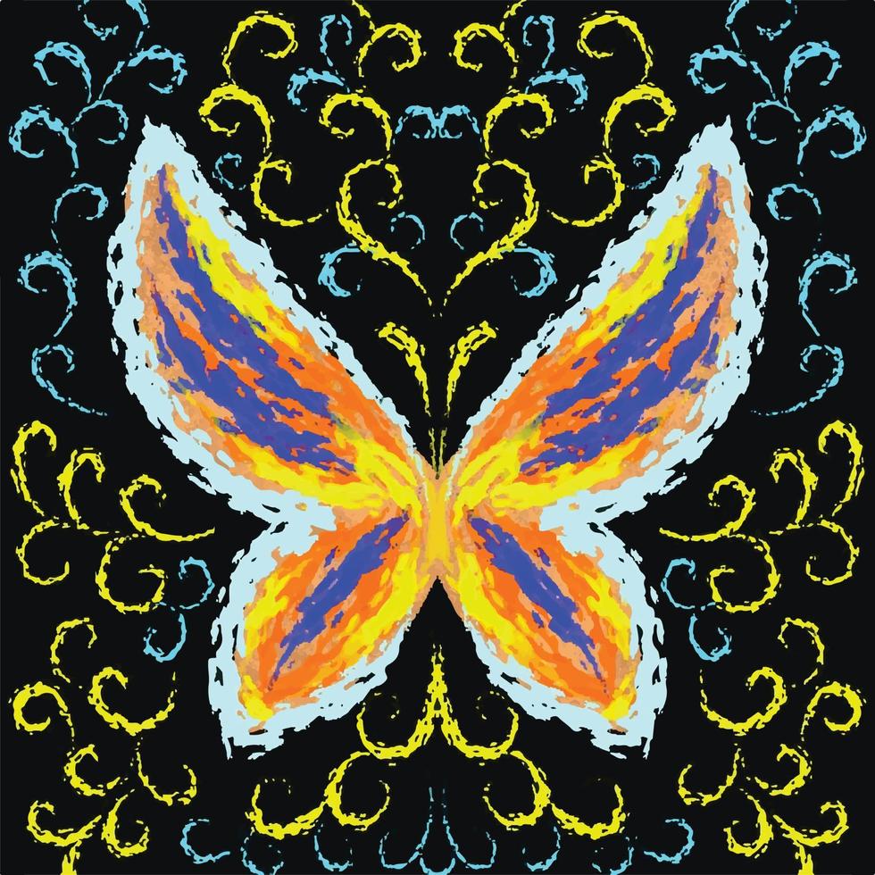 Isolated butterfly abstract multicolored decorative vector background on black square template for social media post, scarf print, textile and paper print, poster, brochure, wall backdrop.