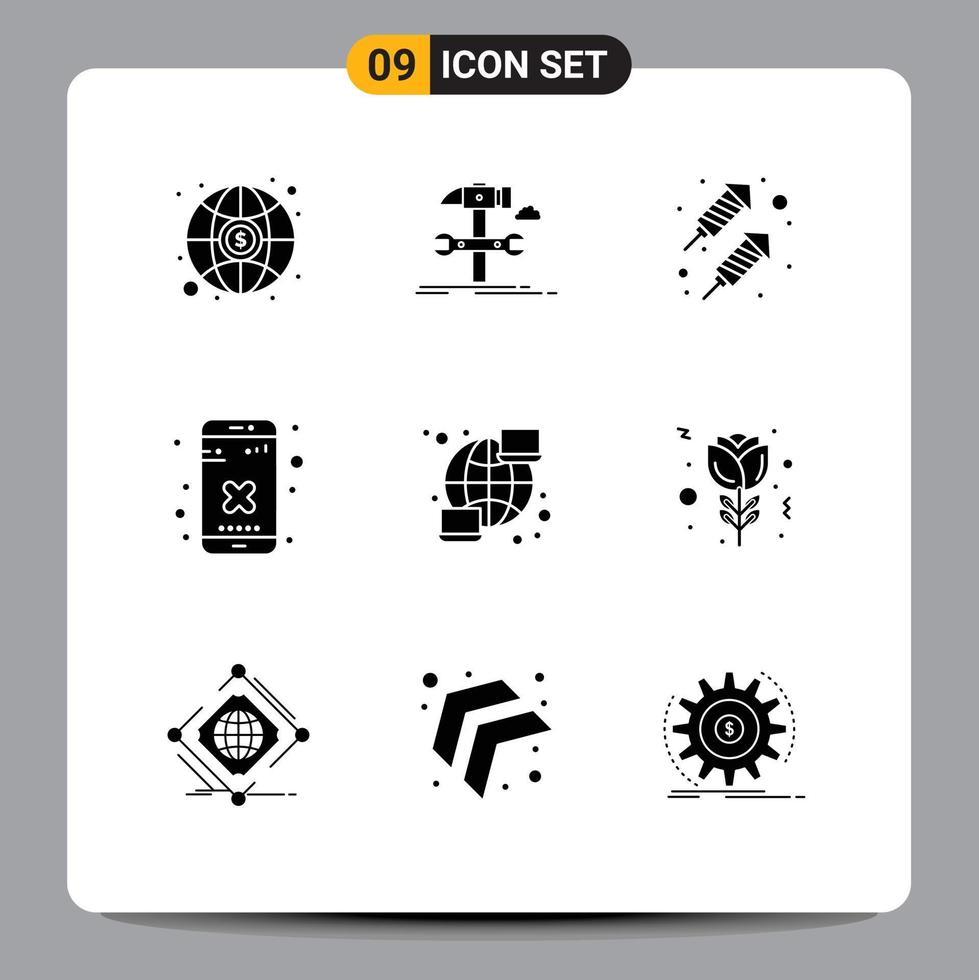 Pack of 9 Modern Solid Glyphs Signs and Symbols for Web Print Media such as network global rocket app cross Editable Vector Design Elements