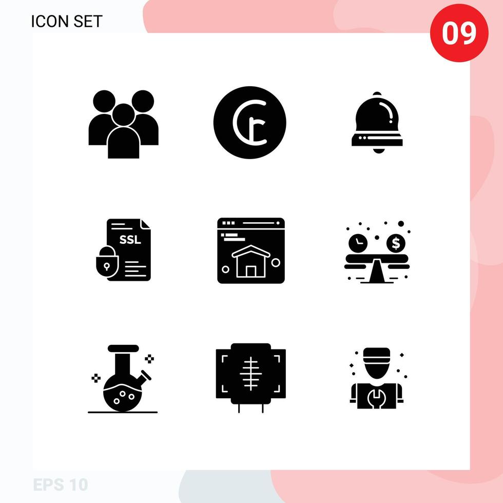 Modern Set of 9 Solid Glyphs Pictograph of ssl document money certificate christmas bell Editable Vector Design Elements