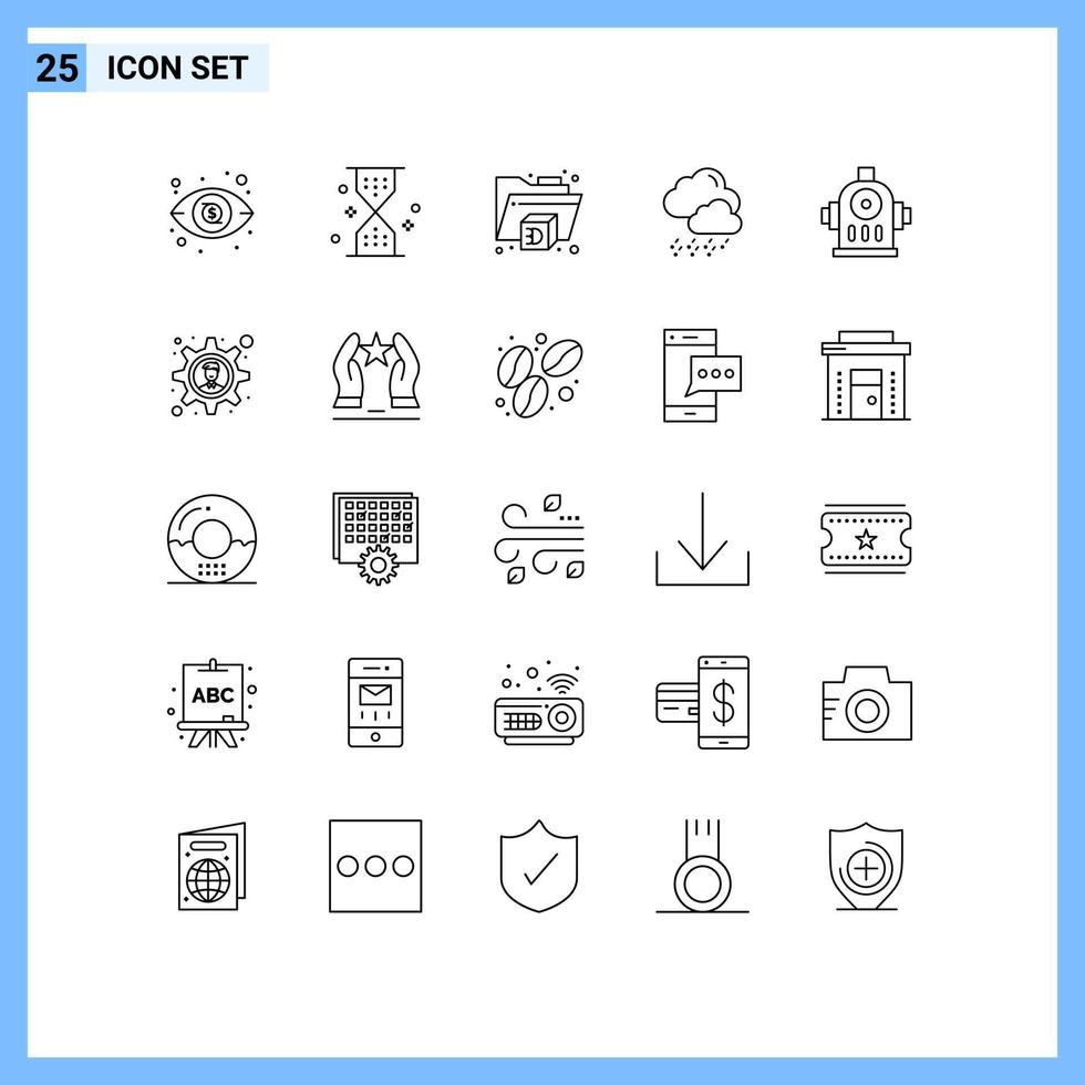 conjunto de pictogramas de 25 líneas simples de elementos de diseño de vector editables de nube de hidrante de impresora de agua de engranaje