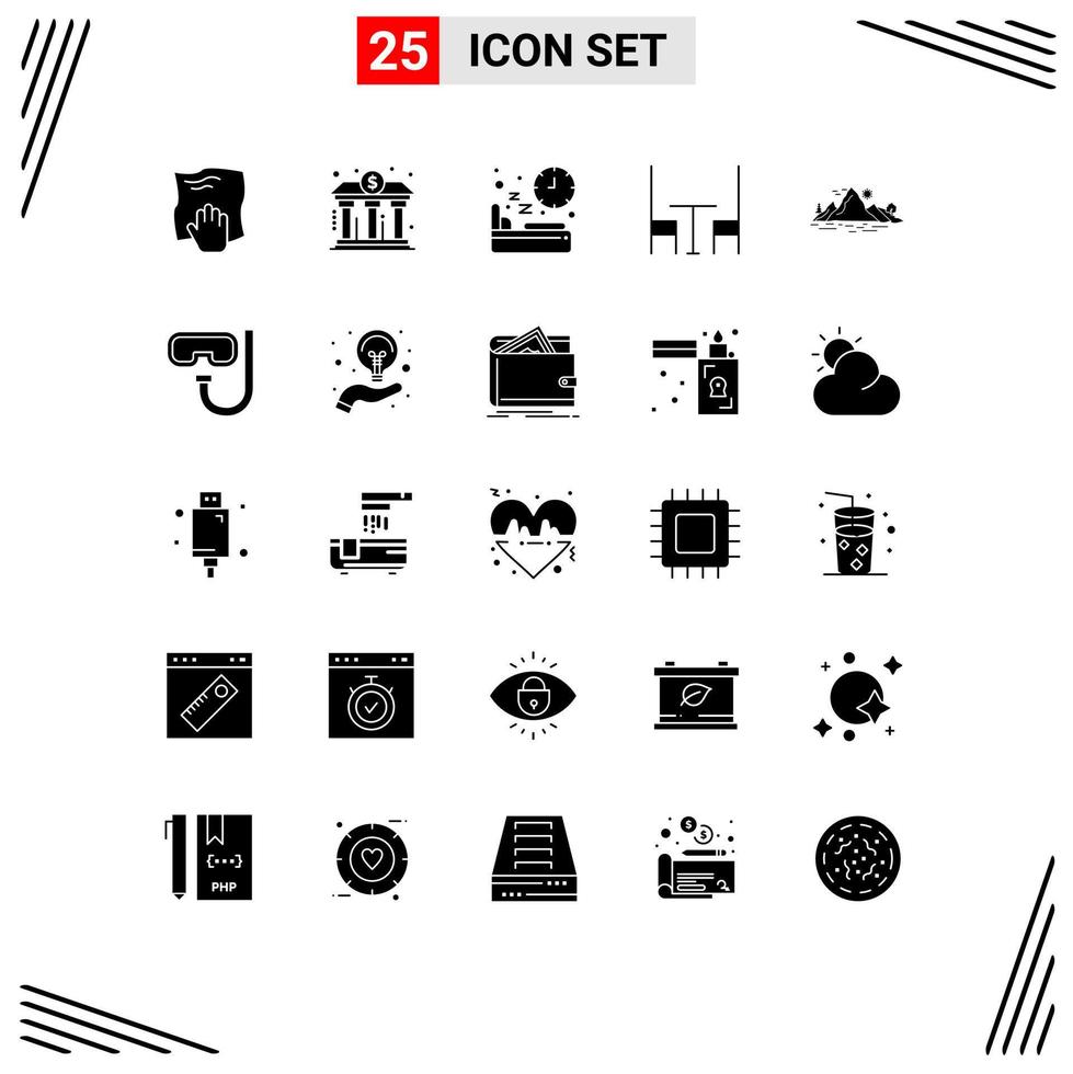 conjunto moderno de 25 glifos y símbolos sólidos, como elementos de diseño de vectores editables de alimentación de tiempo de alimentación de mesa