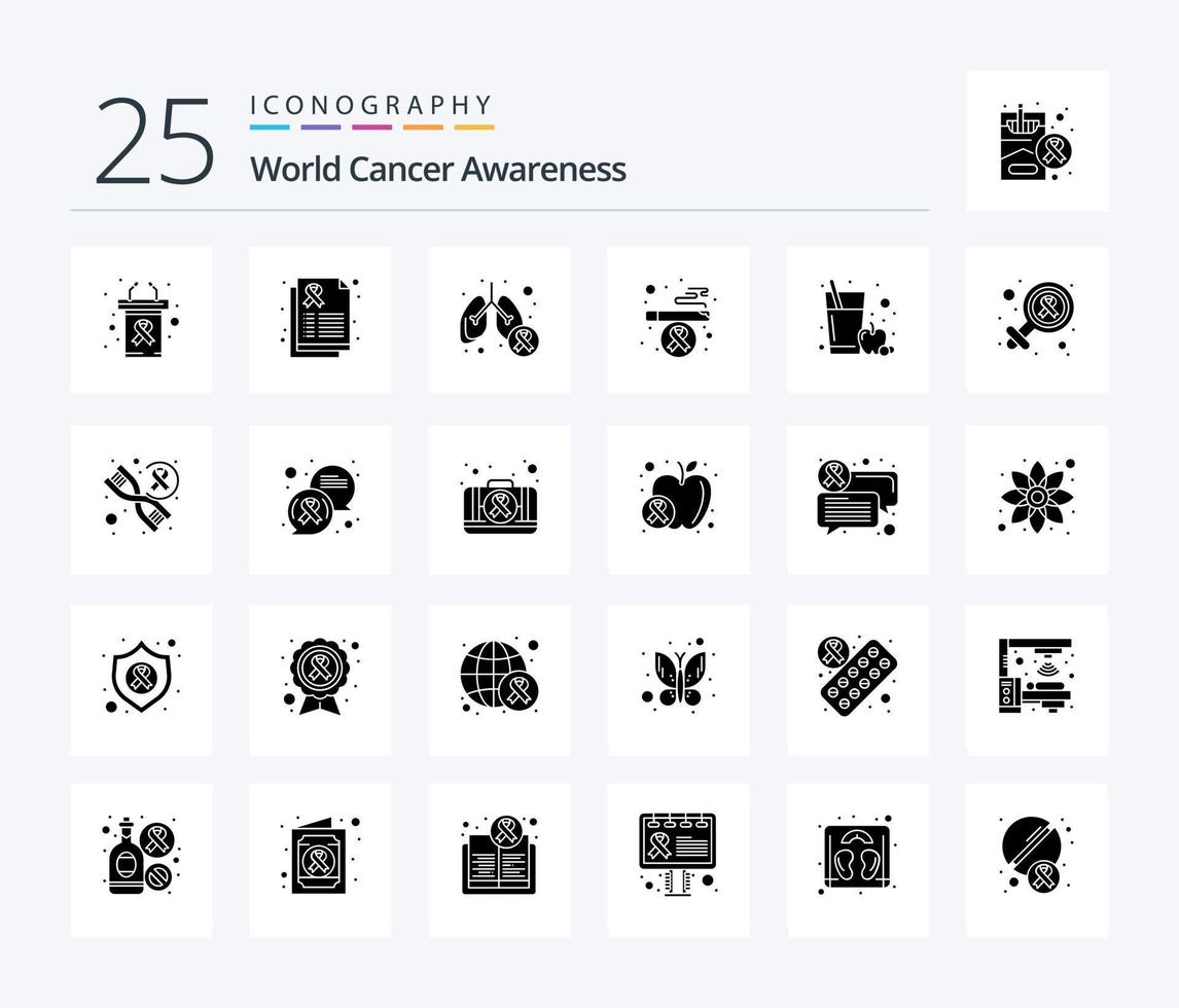 World Cancer Awareness 25 Solid Glyph icon pack including fruit juice. smoking. cancer. health. symptom vector