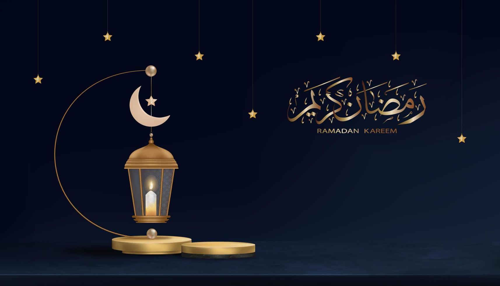 ramadan kareem caligrafía árabe, linterna islámica tradicional 3d, luna creciente, estrella sobre fondo azul oscuro, vector para símbolo islámico, mes de religión musulmana en eid ul fitr, eid al adha, eid mubarak