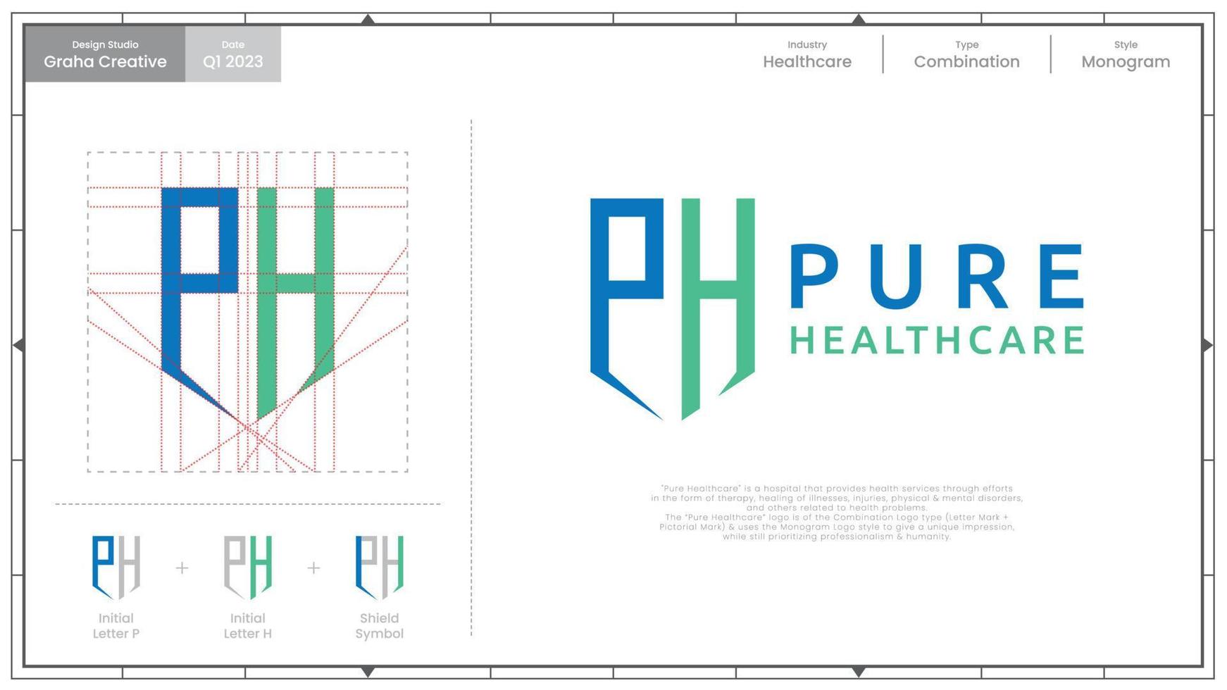 pure healthcare es un hospital que brinda servicios de salud a través de diversas gestiones médicas. Pure Healthcare es un tipo de logotipo combinado y utiliza un estilo de logotipo de monograma. vector