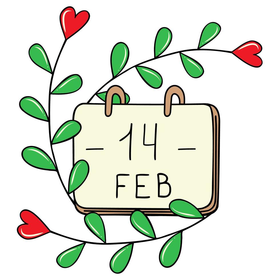 A composition of hand-drawn vector images for Valentine's Day. Decoration for Valentine's Day. A flower with a heart. Desktop calendar with the date February 14.