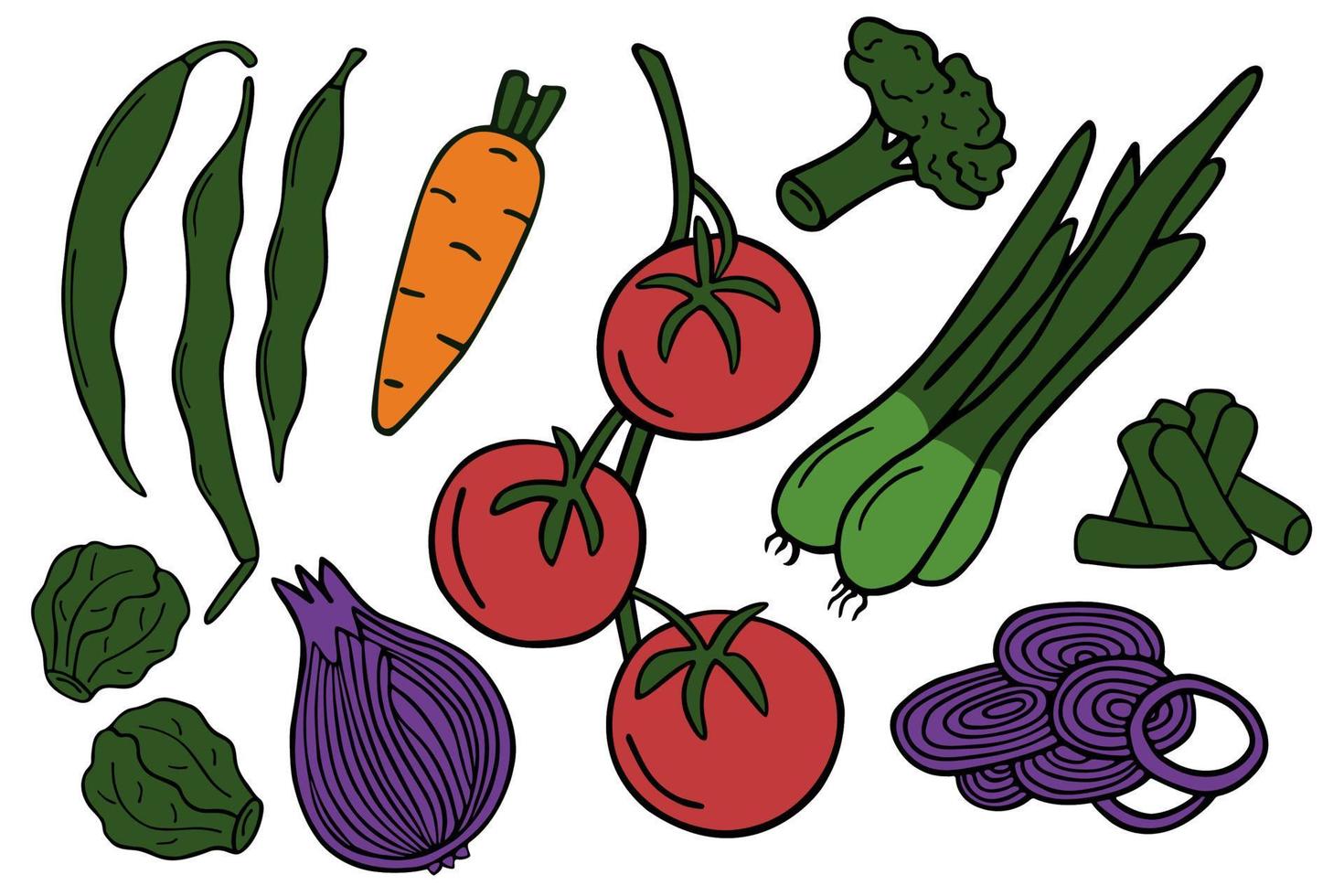 un conjunto de verduras vectoriales al estilo garabato sobre un fondo blanco. vector