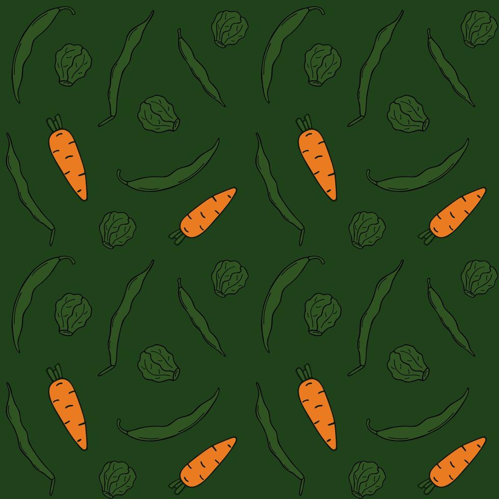 Seamless pattern with Brussels sprouts, string beans and carrots. Vector pattern in a flat view.