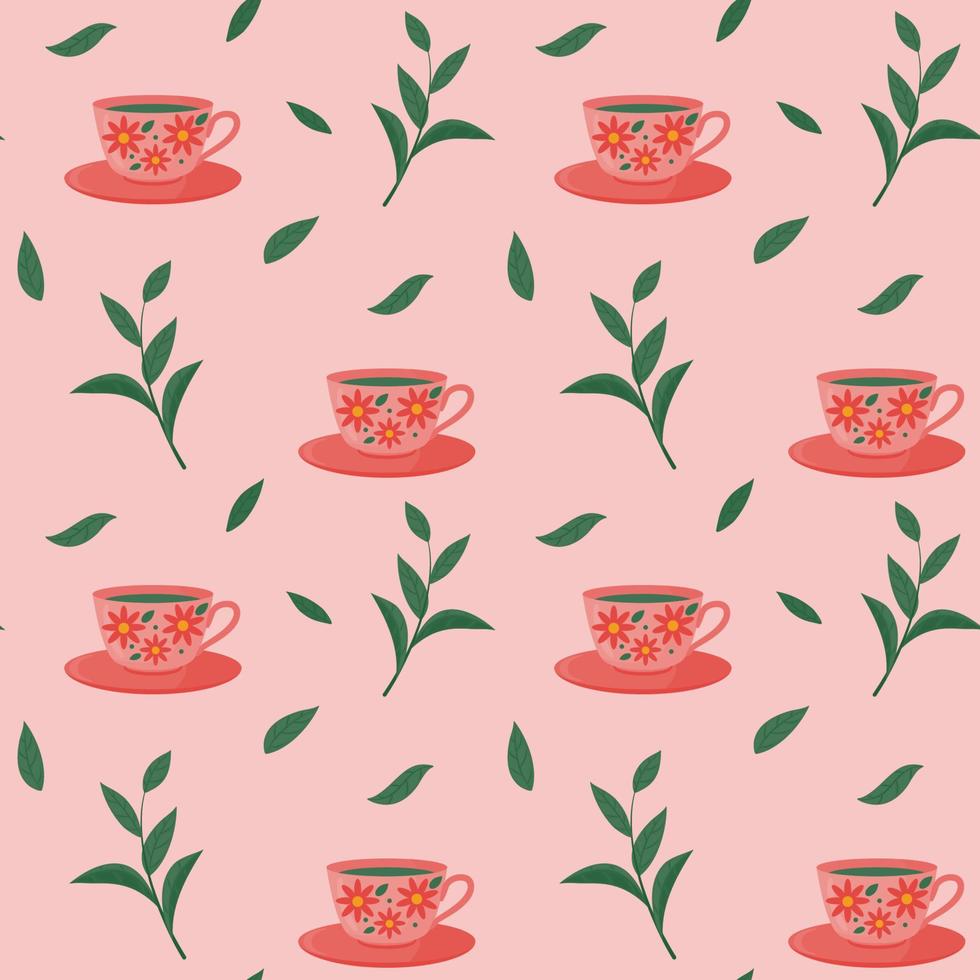 Seamless pattern with cup, saucer and tea leaves. Vector pattern in a flat view.