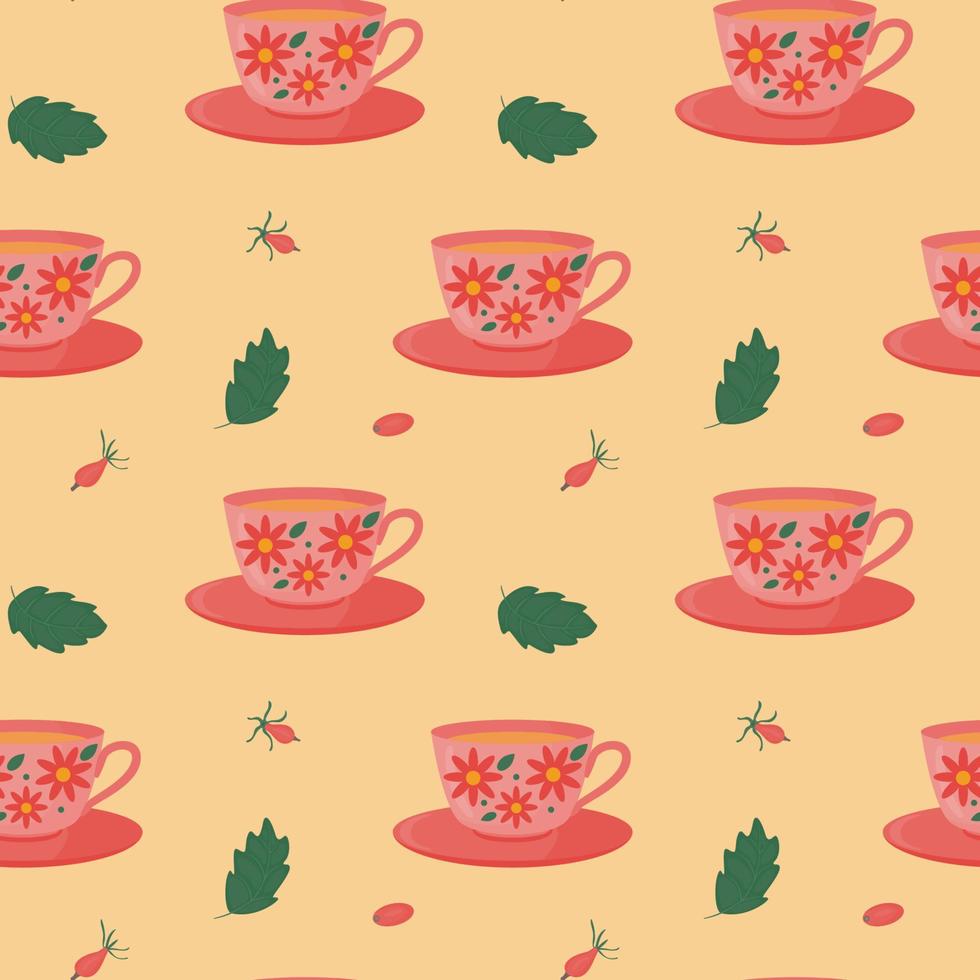 Seamless pattern with cup and saucer and fruit tea, hawthorn and mint leaves. Vector image.