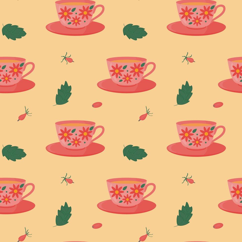 Seamless pattern with cup and saucer and fruit tea, hawthorn and mint leaves. Vector image.