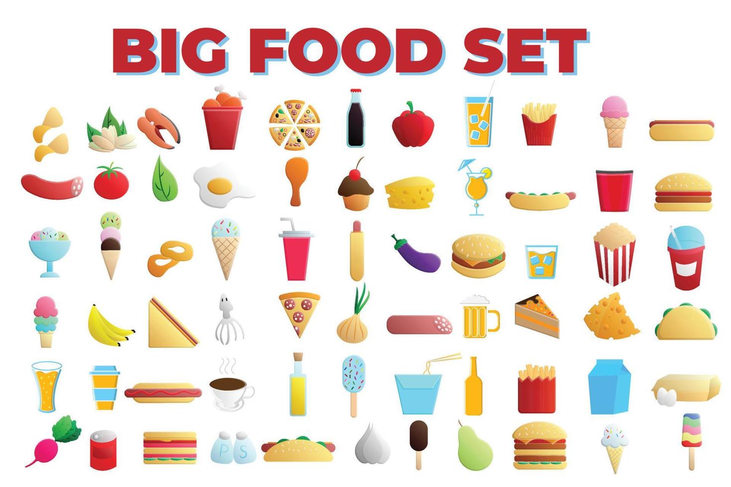 Big set of icons of delicious food, fast food, fruits, vegetables, drinks. Vector illustration