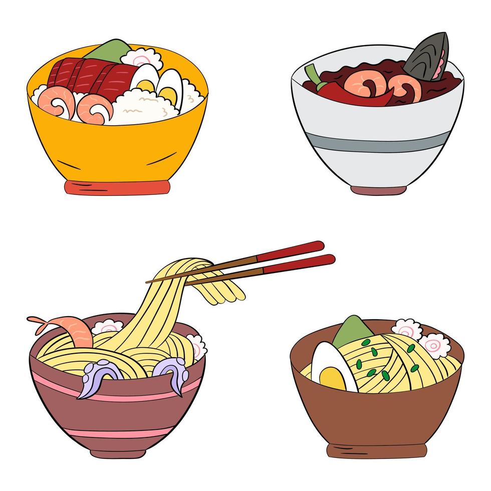 comida asiática en platos, fideos ramen, sopa tom yam y poke bowl. ilustración vectorial vector