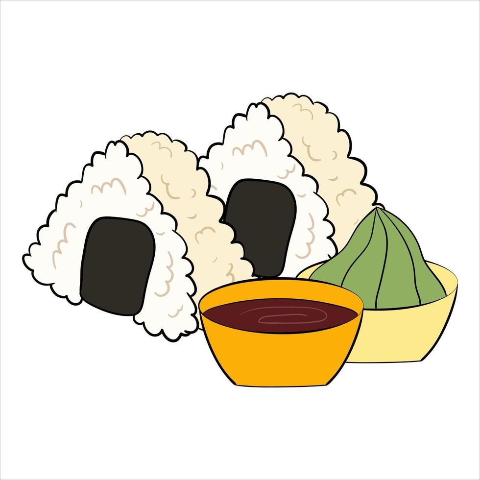 japanese rice ball, onigiri with soy sauce and wasabi. vector illustration.