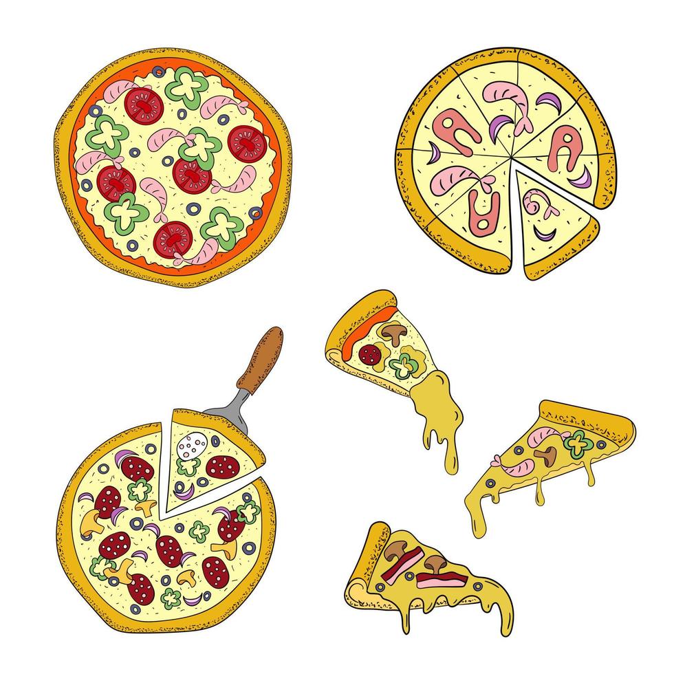 un juego de pizza redonda y una rebanada triangular. tema de comida rápida. ilustración vectorial vector