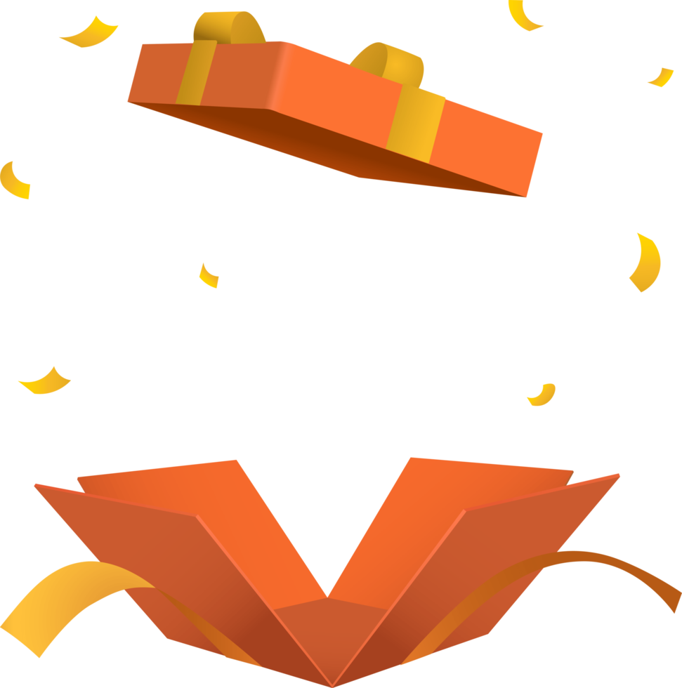 Surprise open orange gift box with gold ribbon 3d style png