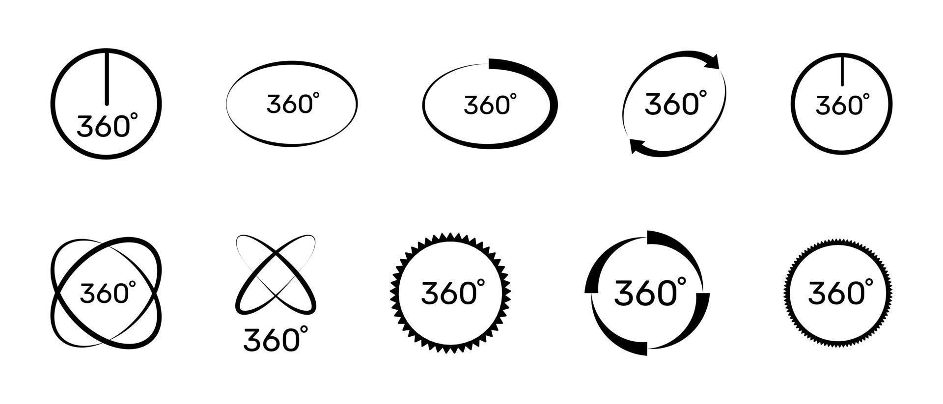 Conjunto de iconos de 360 grados. símbolo con flecha para indicar la rotación, realidad virtual o panoramas a 360 grados. ilustración vectorial vector