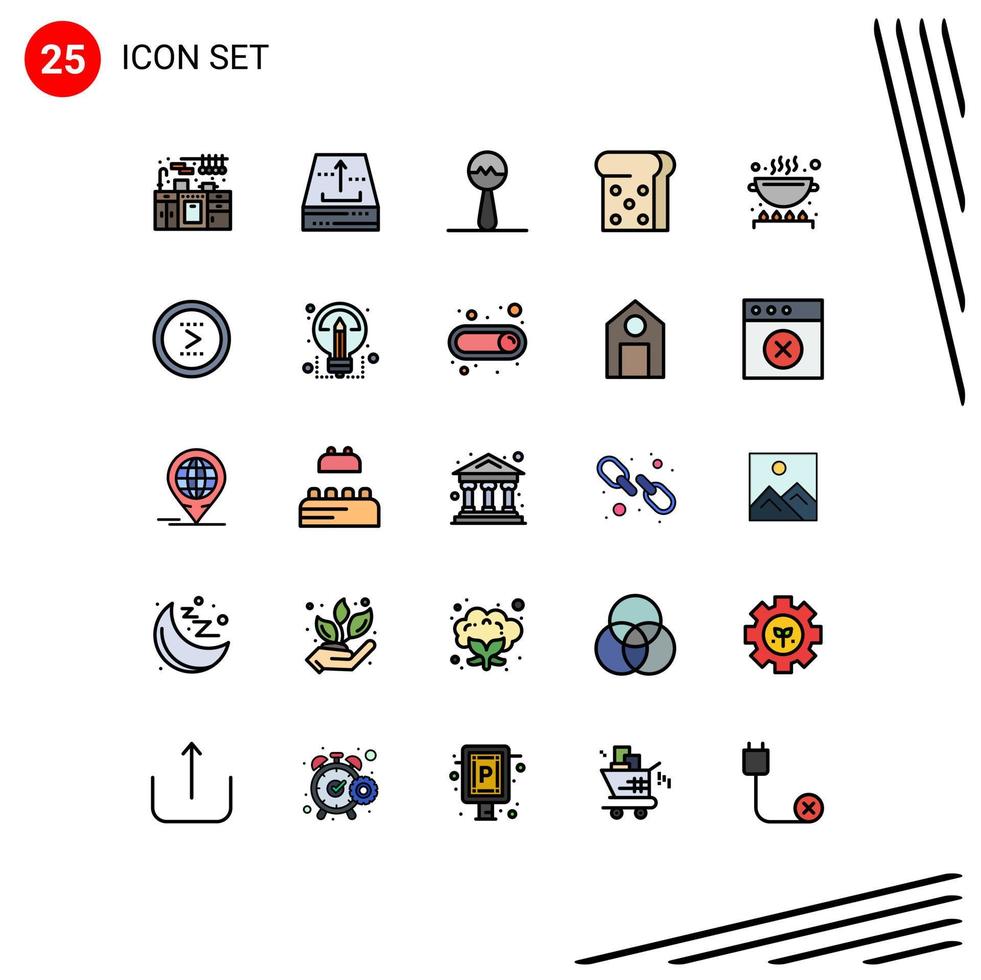 25 Universal Filled line Flat Colors Set for Web and Mobile Applications arrow kitchen instrument cooking toast Editable Vector Design Elements