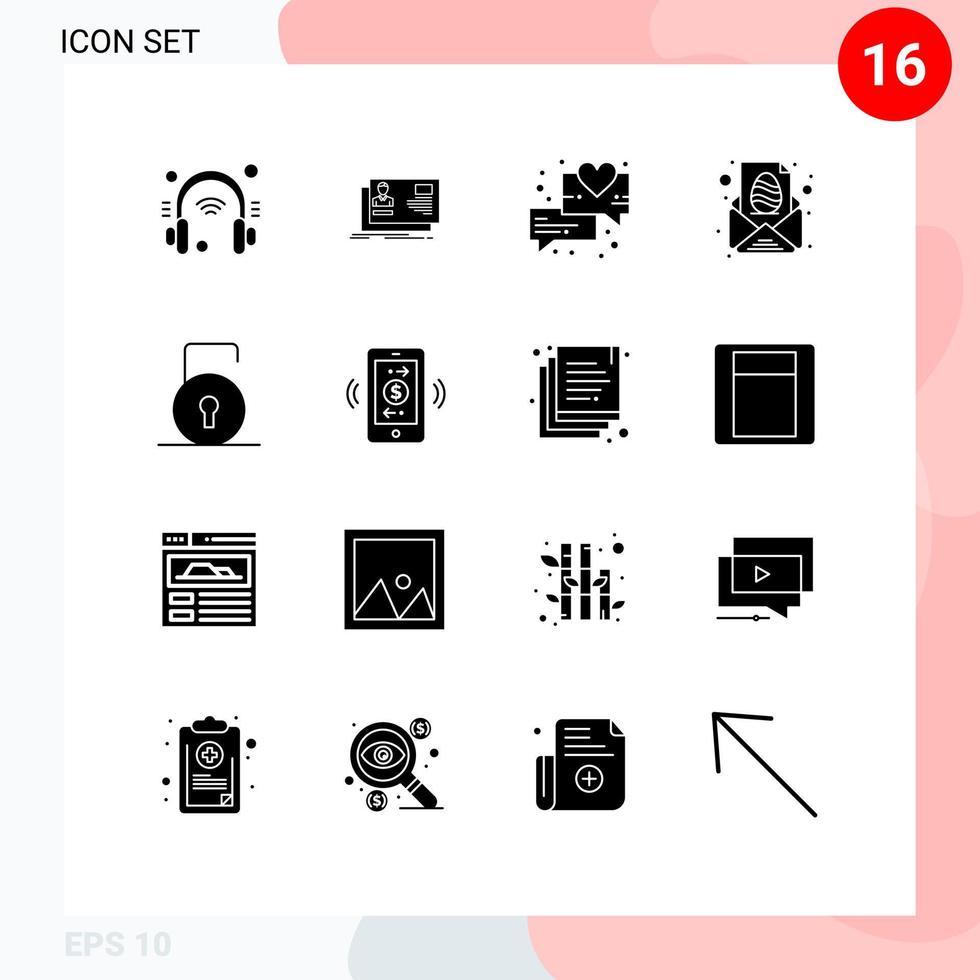 Pictogram Set of 16 Simple Solid Glyphs of key message invitation letter easter Editable Vector Design Elements