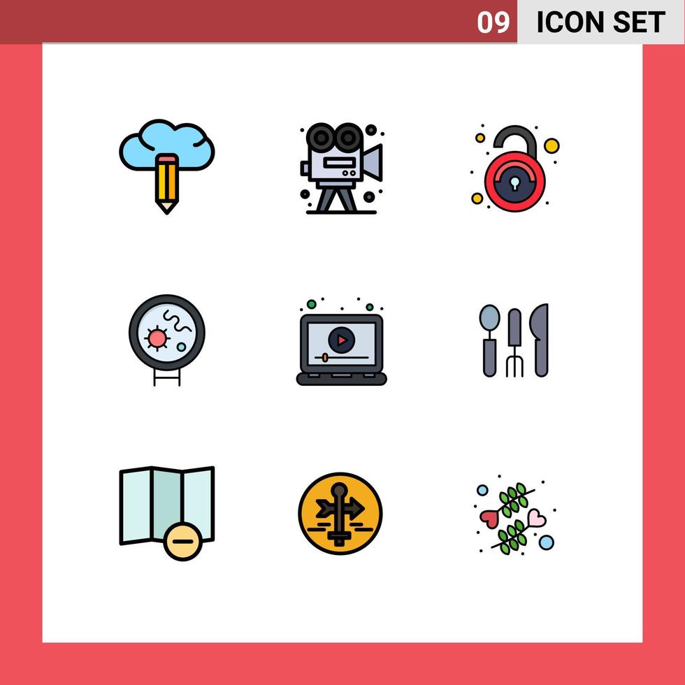 Pictogram Set of 9 Simple Filledline Flat Colors of laptop search public medical bacteria Editable Vector Design Elements