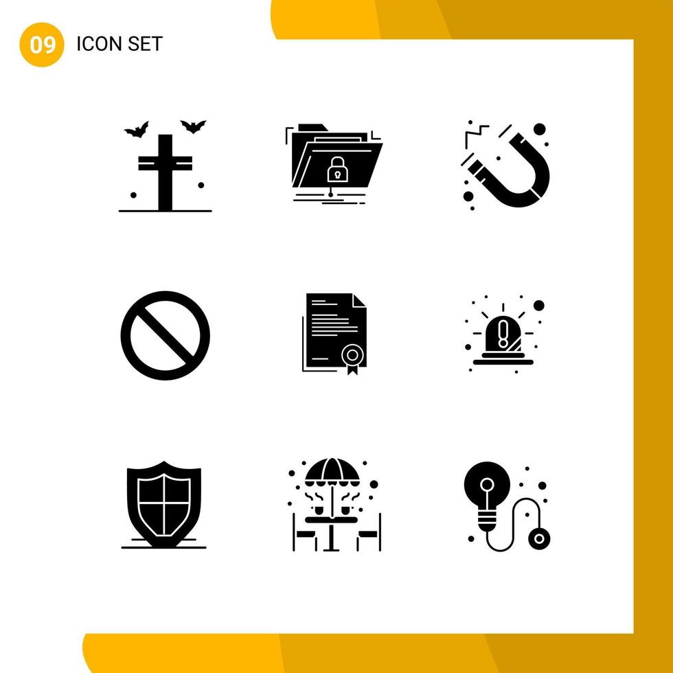Group of 9 Modern Solid Glyphs Set for diploma certificate secure stop close Editable Vector Design Elements