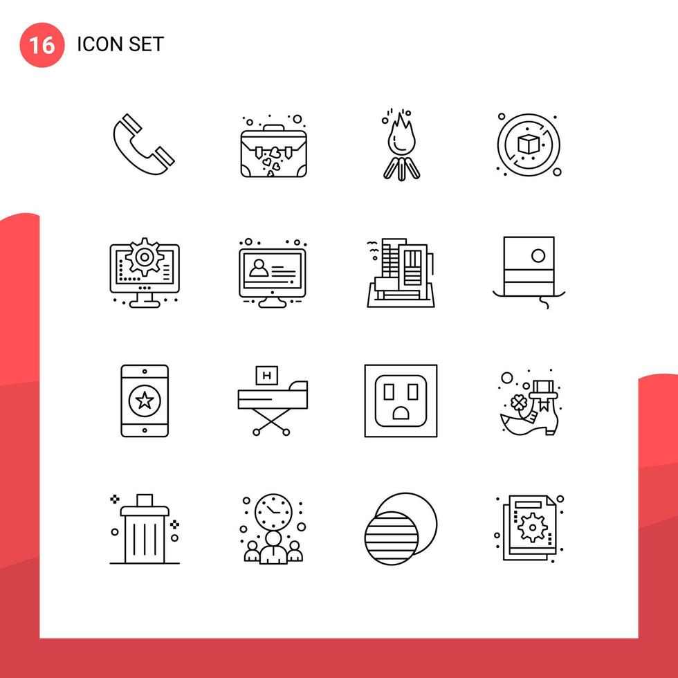 Set of 16 Vector Outlines on Grid for interface box fire diet camp Editable Vector Design Elements