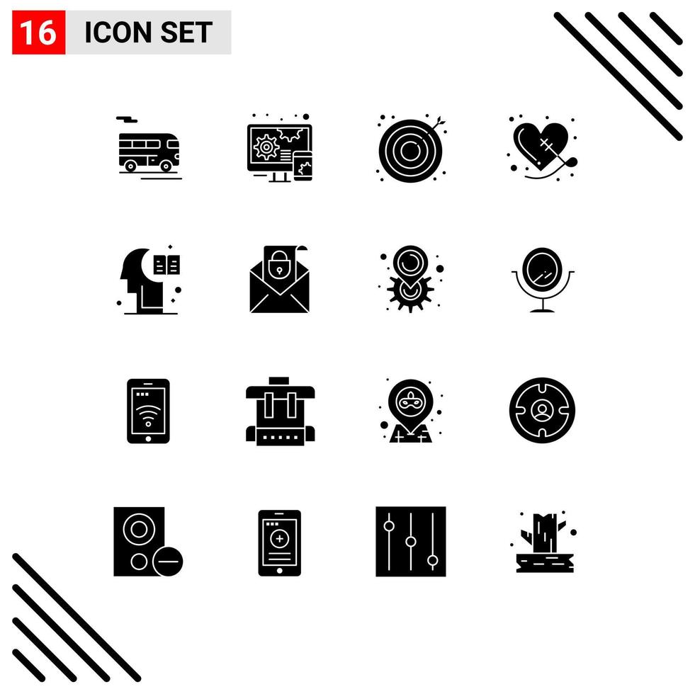 Group of 16 Modern Solid Glyphs Set for education sewing search hearts broken Editable Vector Design Elements