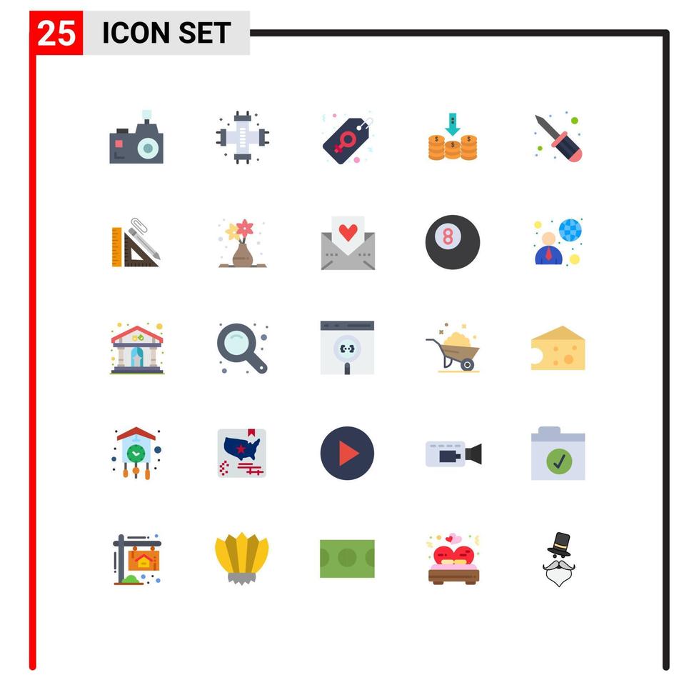 conjunto moderno de 25 colores planos y símbolos, como monedas de plomería en efectivo, etiquetas de elementos de diseño vectorial editables vector
