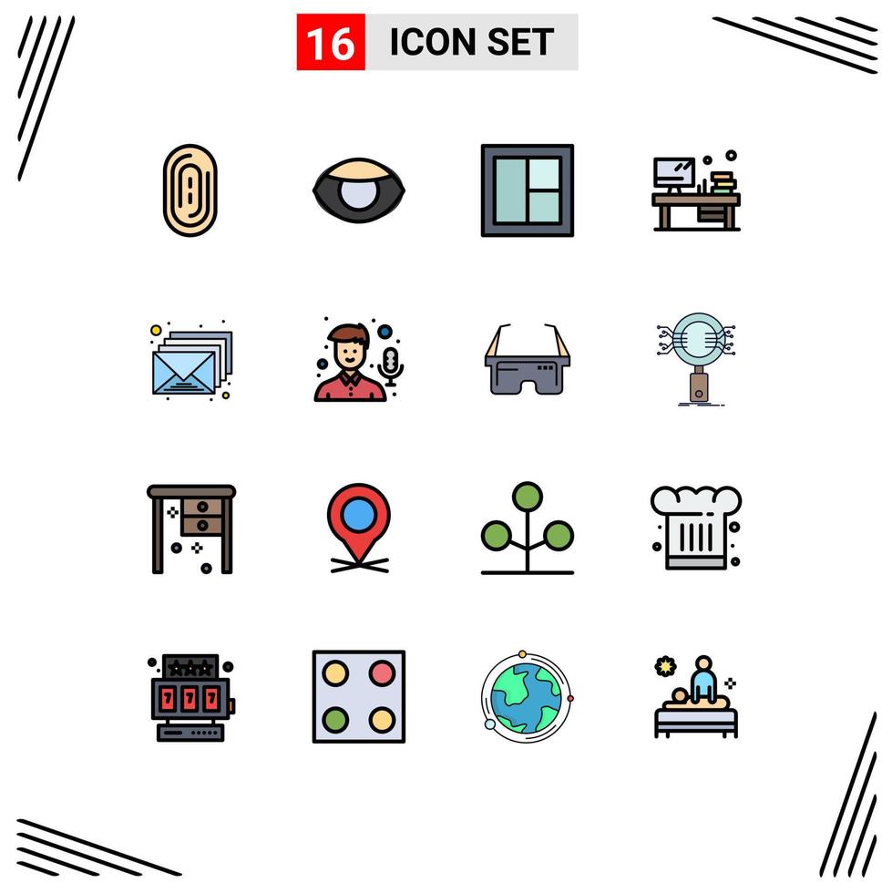 Pictogram Set of 16 Simple Flat Color Filled Lines of inbox monitor furniture book table Editable Creative Vector Design Elements