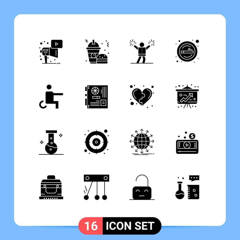 Mobile Interface Solid Glyph Set of 16 Pictograms of disabled smoke cheerleader sign cigarette Editable Vector Design Elements