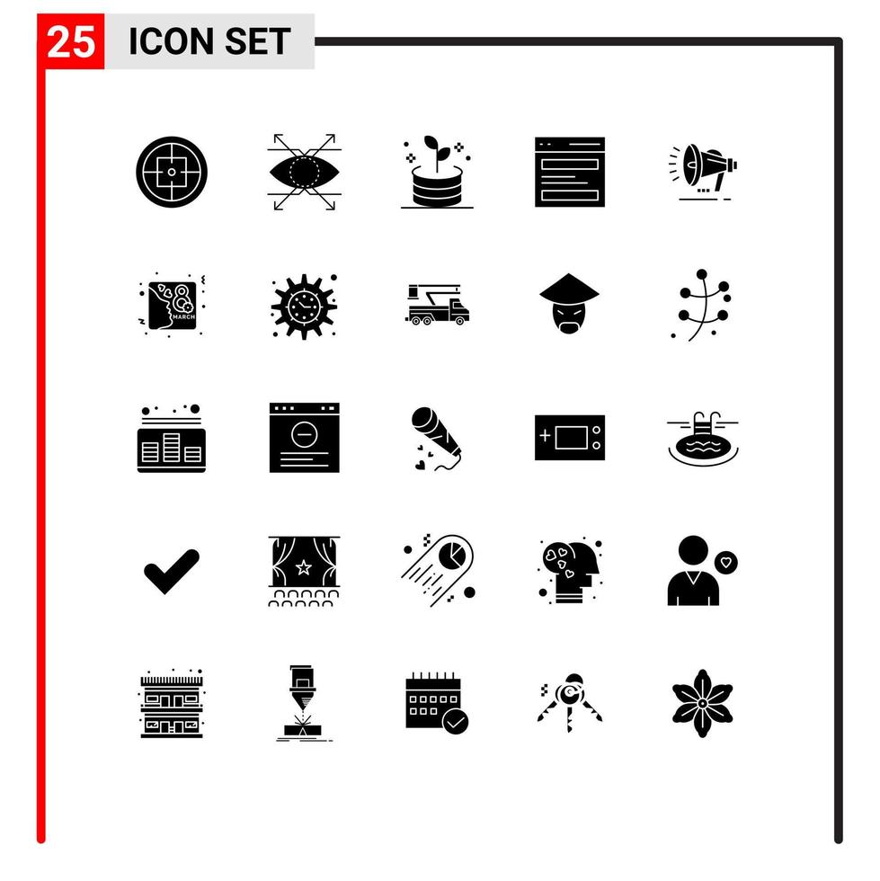Group of 25 Modern Solid Glyphs Set for speaker interface vision hero communication Editable Vector Design Elements