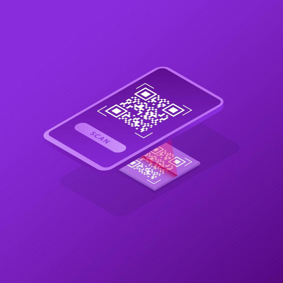 código qr de escaneo de teléfono inteligente isométrico. banner web del servicio de verificación de código qr. concepto de diseño web, sitio web, desarrollo de página de destino. vector