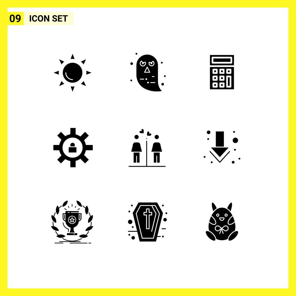 9 Solid Glyph concept for Websites Mobile and Apps signs couple calculate love lock Editable Vector Design Elements