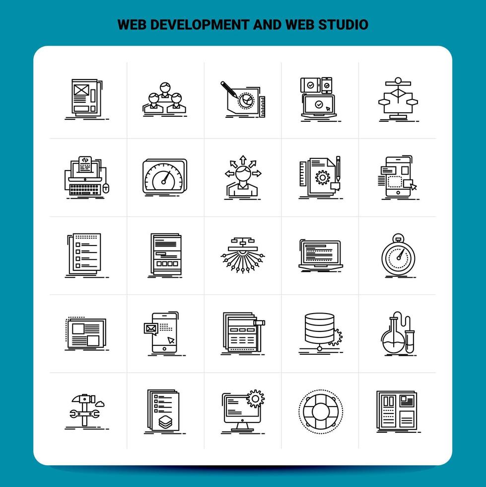 OutLine 25 Web Development And Web Studio Icon set Vector Line Style Design Black Icons Set Linear pictogram pack Web and Mobile Business ideas design Vector Illustration