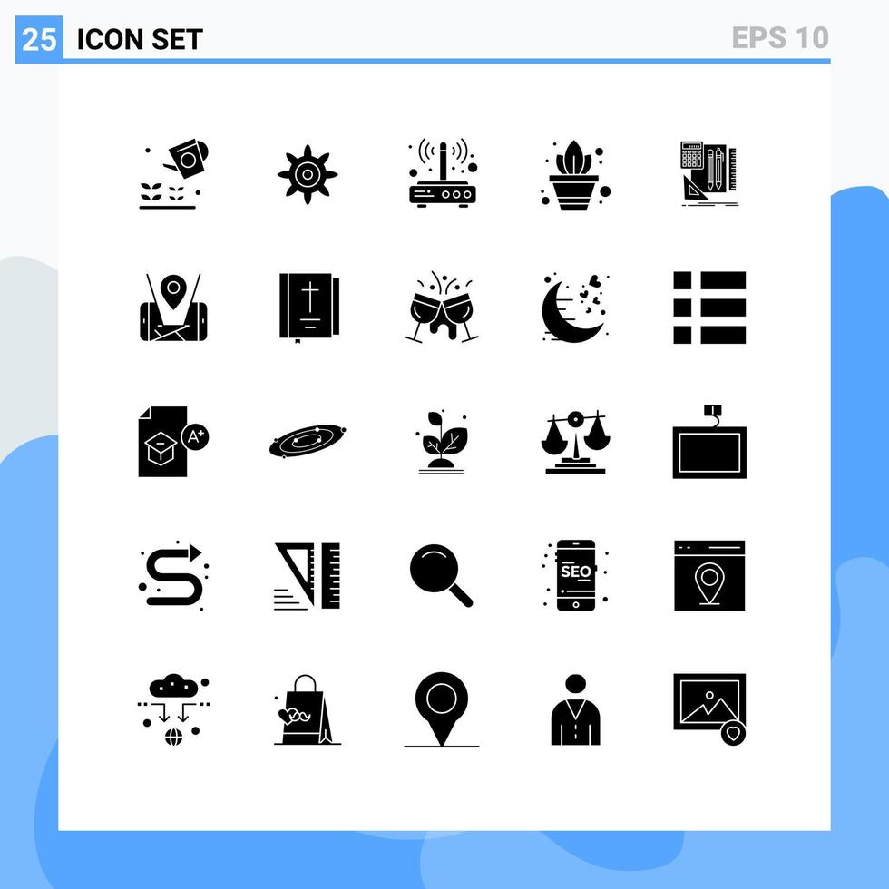 Set of 25 Vector Solid Glyphs on Grid for pen book wifi stationary plant Editable Vector Design Elements