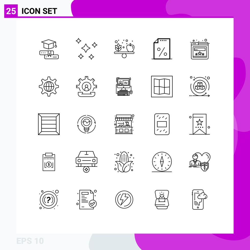 Pack of 25 Modern Lines Signs and Symbols for Web Print Media such as browser payment sky finance vegetable Editable Vector Design Elements