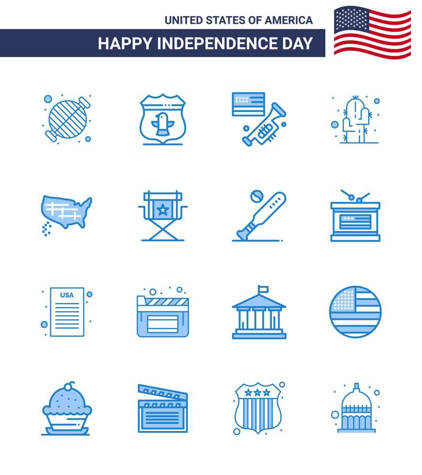 Happy Independence Day 4th July Set of 16 Blues American Pictograph of map plant security flower american Editable USA Day Vector Design Elements