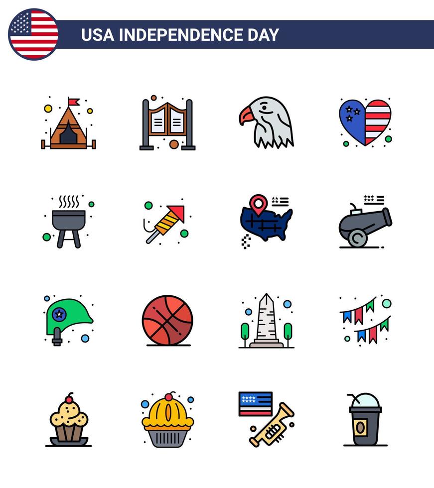 16 Flat Filled Line Signs for USA Independence Day cook barbecue bird usa country Editable USA Day Vector Design Elements