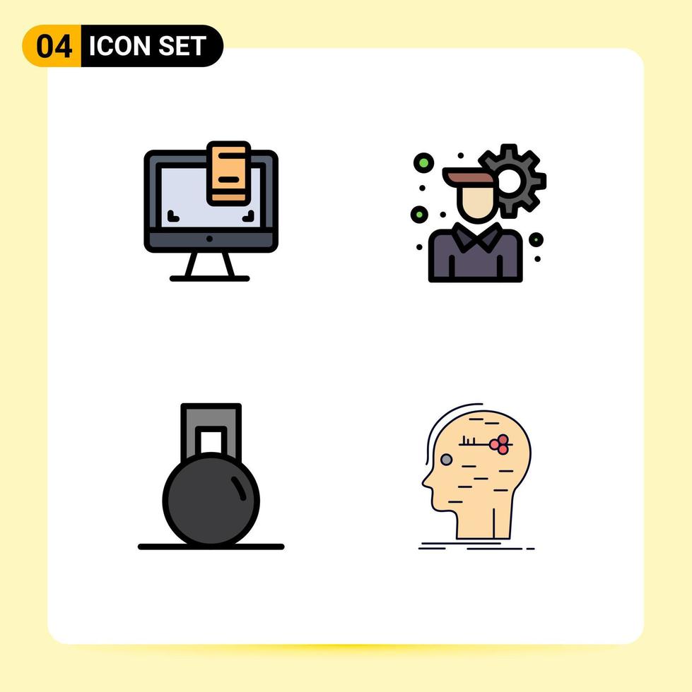 Mobile Interface Filledline Flat Color Set of 4 Pictograms of design sport screen user setting brain Editable Vector Design Elements