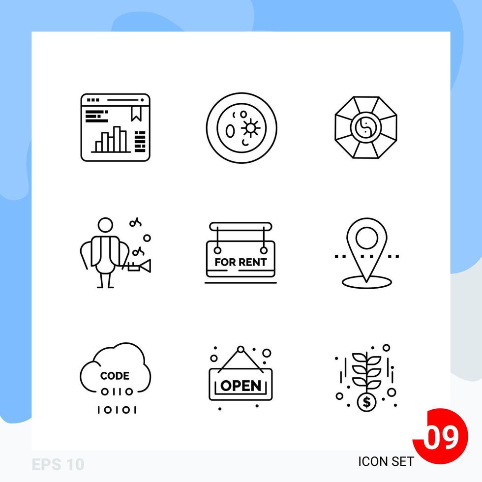 Modern Pack of 9 Icons Line Outline Symbols isolated on White Backgound for Website designing Creative Black Icon vector background