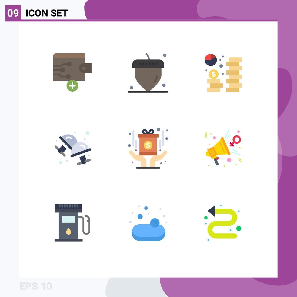 Mobile Interface Flat Color Set of 9 Pictograms of reward award dollar jewelry cufflink Editable Vector Design Elements